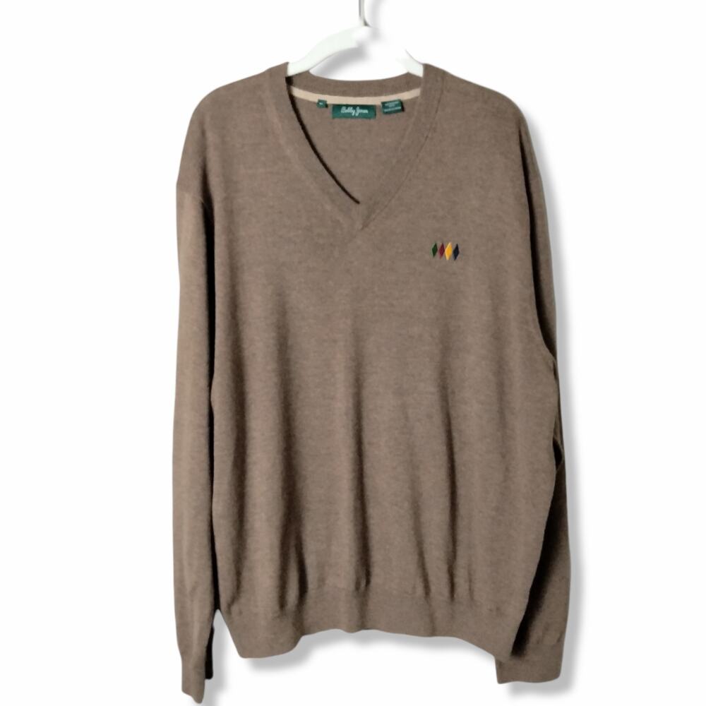 Bobby Jones 100% Merino Wool Men's XL Brown V Neck Grandpa Golf Sweater Argyle